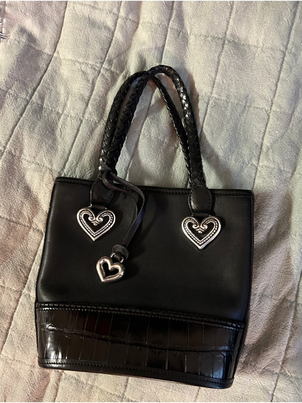 Brighton Black Mini Tote with Braided Handles and Silver Heart Charms